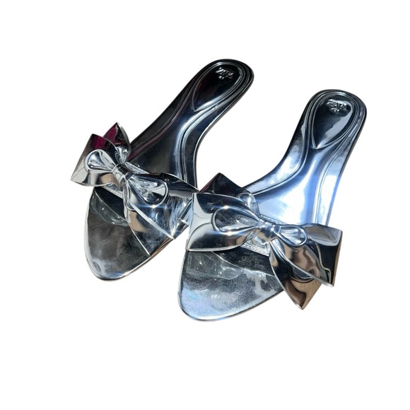 ZARA Women’s Silver Flat Sandals with Bow – Size 10 - Picture 8 of 11